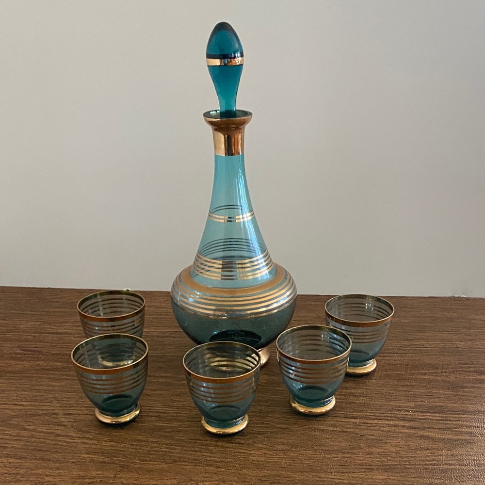 Vintage Bohemian Czech Aqua Gold Trim Glass Decsnter set w/ 5 Cordial Glasses